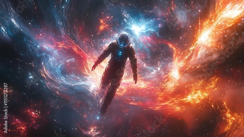 An astronaut enveloped in a quantum vortex, vivid energy streams swirling and glowing, intricate light patterns reflecting off the suit, cinematic lighting enhancing depth and drama, hd quality,