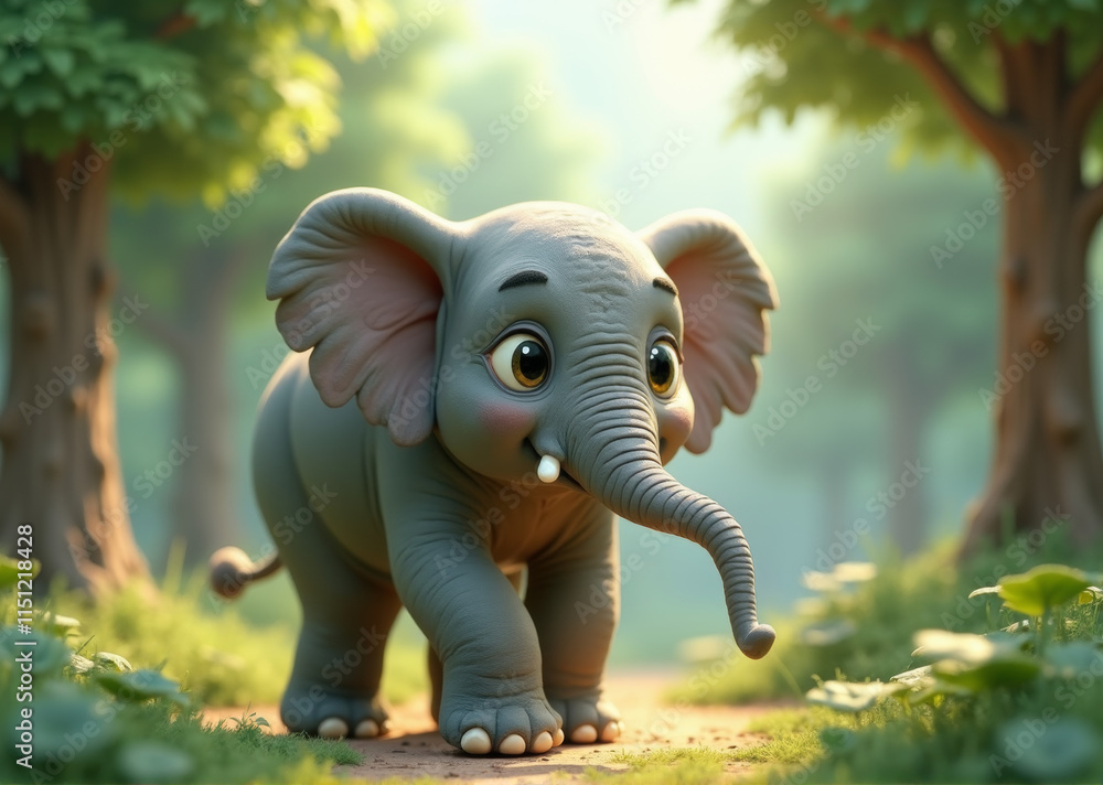 3D Asian Elephant Walking in Whimsical Forest with Oversized Eyes and Textured Skin for Playful Illustrations and Wall Art