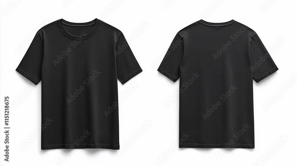 Black t-shirt mockup, front and back view, isolated on white. Black t-shirt mockup, front and back view, isolated on white.