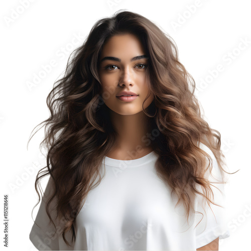 Gorgeous Hispanic brunette girl in white clothes with long wavy hair posing on white background