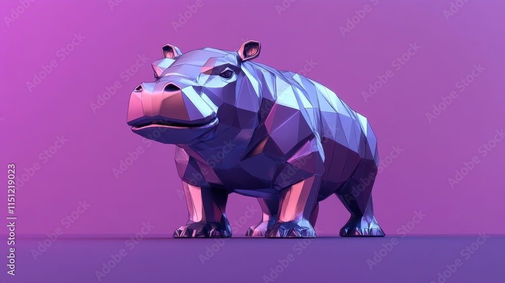 Naklejka premium A stylized low-poly robot hippo with a metallic sheen, standing confidently on a solid purple background, evoking futuristic tech.