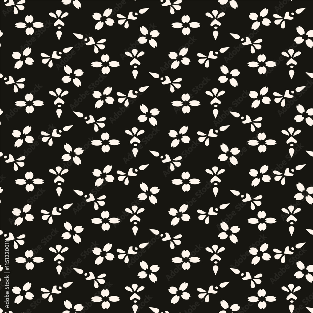 Simple minimalist geometric seamless pattern. Abstract monochrome minimal background with small floral shapes. Subtle repeat design for decor, print.