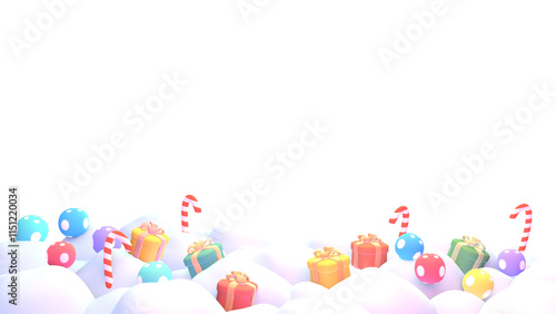3D render cartoon Christmas gifts and candy canes in the snow frame on transparent background.