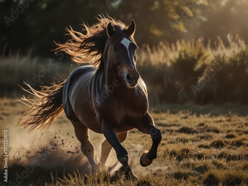 Majestic Brown Horse Galloping Through Golden Field photo