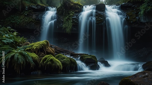 Serene Waterfall Cascading Over Mossy Rocks
