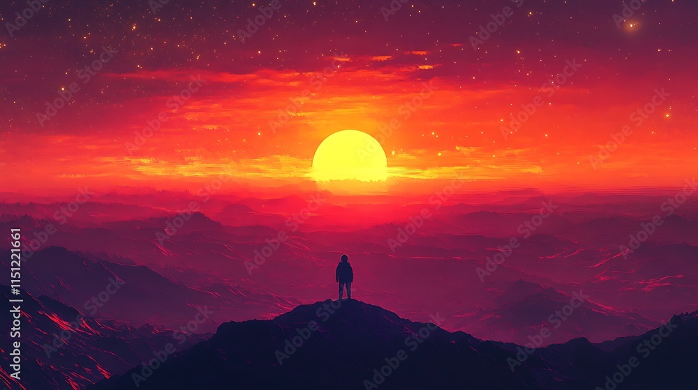 An astronaut floating in the glow of a setting star, vibrant shades of red, gold, and purple blending across the horizon, cinematic lighting creating a serene and reflective mood, hd quality, An astronaut floating in the glow of a setting star, vibrant shades of red, gold, and purple blending across the horizon, cinematic lighting creating a serene and reflective mood, hd quality,