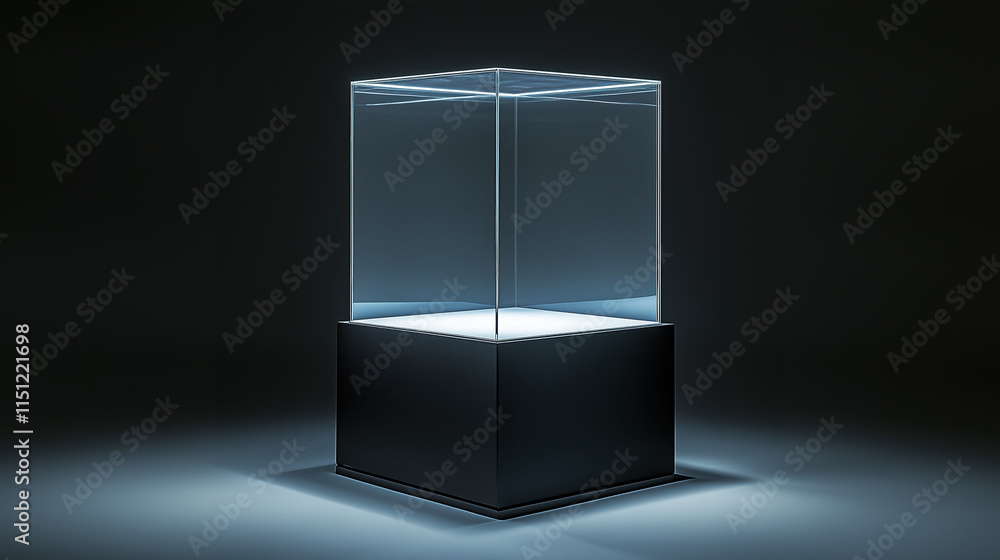 Elegant Glass Display Case with LED Illumination on Black Pedestal, Dark Gray Background Elegant Glass Display Case with LED Illumination on Black Pedestal, Dark Gray Background