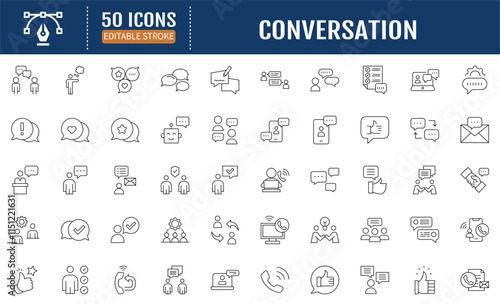 Conversation Line Editable Icons set. Containing
discussion, meeting, bubble, chat, speaking and more.
Vector Illustration