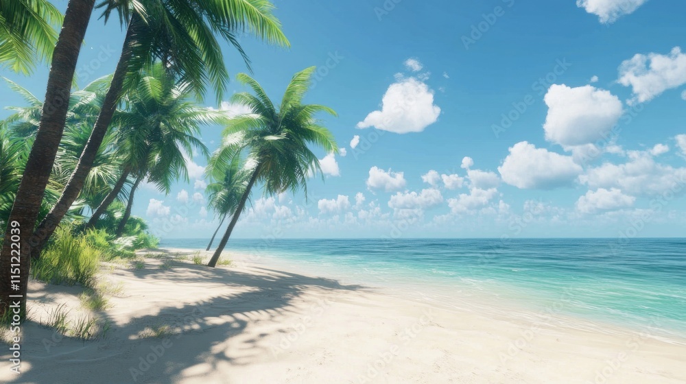Fototapeta premium Idyllic tropical beach scene with palm trees, white sand, and turquoise ocean under a sunny sky. (5)