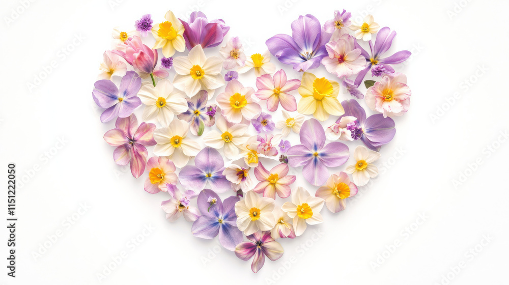 Obraz premium A symmetrical heart design made entirely of spring blossoms such as tulips, daffodils, and cherry blossoms