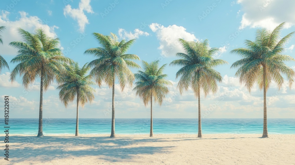 Idyllic tropical beach scene with palm trees, white sand, and turquoise ocean under a sunny sky. (4) Idyllic tropical beach scene with palm trees, white sand, and turquoise ocean under a sunny sky. (4)