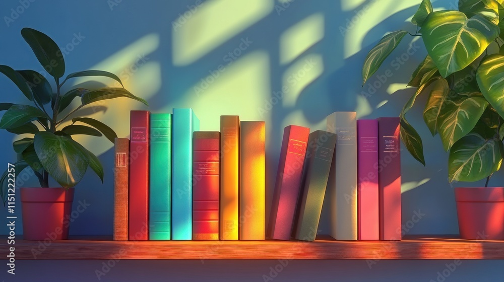 Colorful books on a shelf with plants and warm lighting. Colorful books on a shelf with plants and warm lighting.