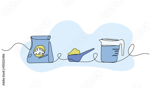 Set of laundry elements. detergent. Modern flat in continuous line style.