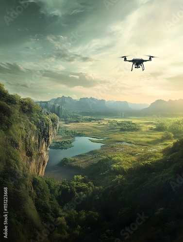 a drone flying over a scenic countryside, controlled by a man with a remote.  photo