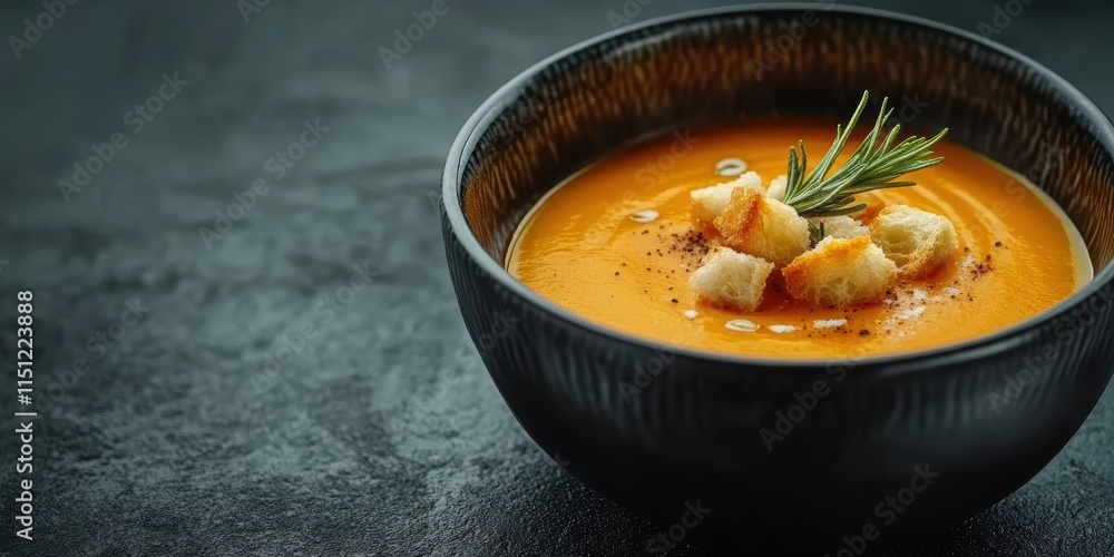 Pumpkin soup with croutons and rosemary on kitchen table. Autumn menu concept Pumpkin soup with croutons and rosemary on kitchen table. Autumn menu concept