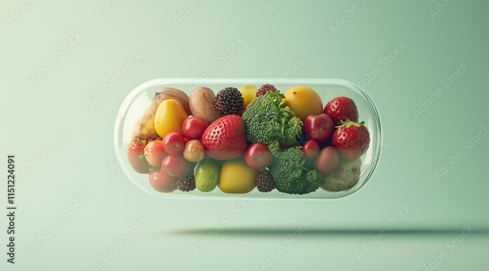 3D Rendered Levitating Capsule with Fruits and Vegetables, Detailed Photography and Green Aesthetic 3D Rendered Levitating Capsule with Fruits and Vegetables, Detailed Photography and Green Aesthetic