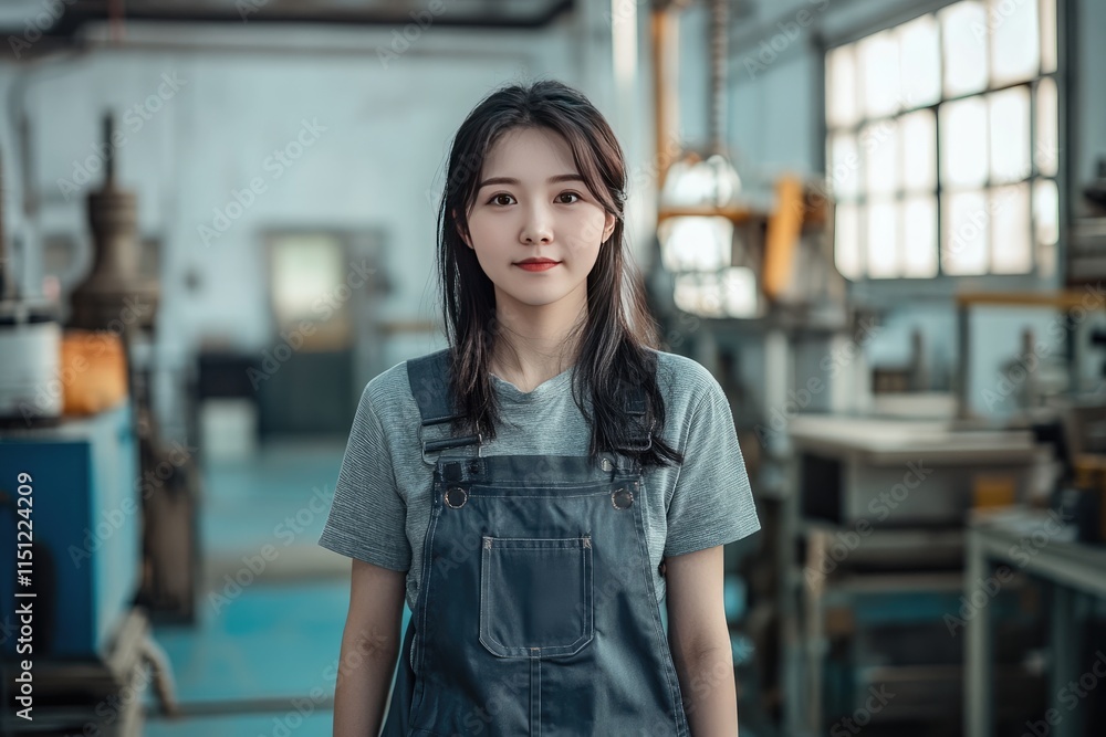 Young Woman Wearing Overalls in a Factory Setting Young Woman Wearing Overalls in a Factory Setting