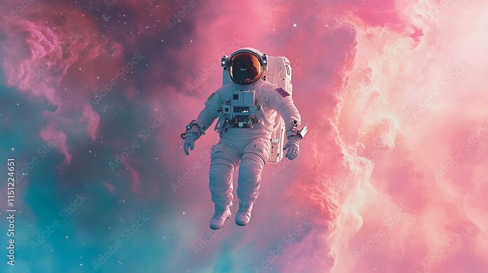 custom made wallpaper toronto digitalAn astronaut floating through the shimmering expanse of a nebula, vibrant gradients of pink and turquoise dominating the view, cinematic lighting enhancing the textures of their suit and surroundings,