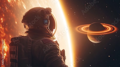 An astronaut gazing at a massive ringed planet with glowing auroras, soft cinematic lighting highlighting the curves of the helmet, hd quality, surreal cosmic vista, breathtaking realism --ar 16:9 photo