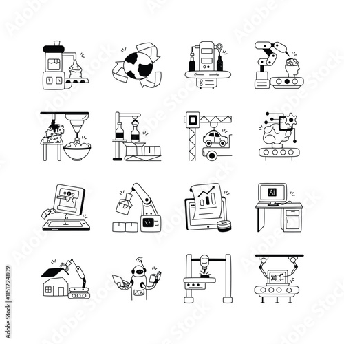 This set of black and white line icons depicts various aspects of modern manufacturing and technology