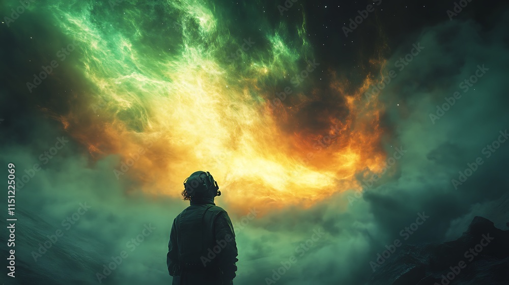An astronaut gazing at an alien aurora from their spacecraft, colors swirling in the vacuum of space, cinematic lighting enhancing the scene's depth and mystique, hd quality, natural yet surreal glow, An astronaut gazing at an alien aurora from their spacecraft, colors swirling in the vacuum of space, cinematic lighting enhancing the scene's depth and mystique, hd quality, natural yet surreal glow,