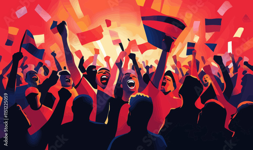 Vibrant Crowd of Enthusiastic Fans Cheering and Waving Flags at Sporting Event Celebration