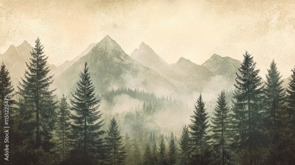 Naklejka premium Misty mountain range with evergreen forest.