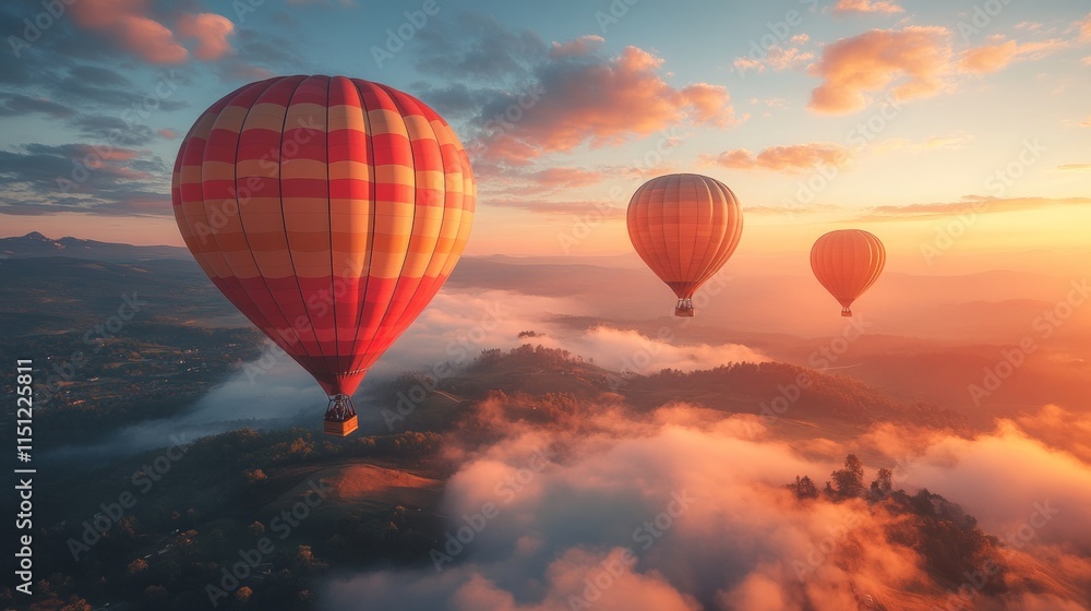 Obraz premium Three hot air balloons soar above sunrise clouds.