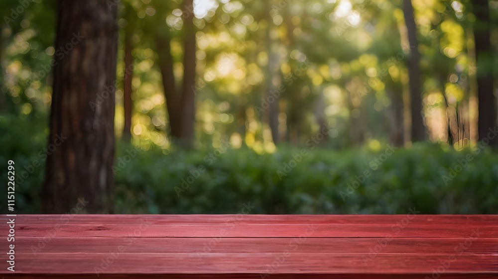 Naklejka premium Wooden rustic table on a grassy floor with bokeh lights, perfect for summer picnic backdrop