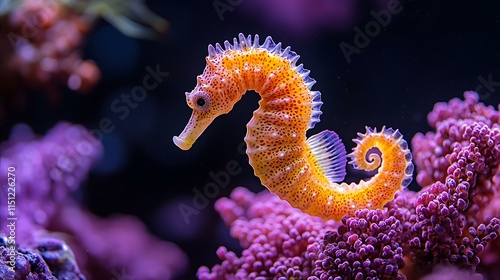 Seahorse with its tail wrapped tightly, isolated on a rich purple background photo