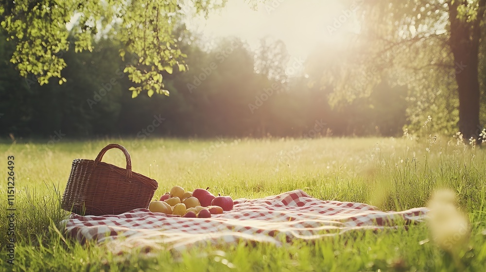 a family enjoying a picnic in a sunny meadow, with a checkered blanket and basket a family enjoying a picnic in a sunny meadow, with a checkered blanket and basket