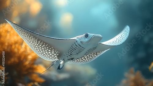 Spotted eagle ray gliding gracefully, isolated on a soft ocean blue background photo