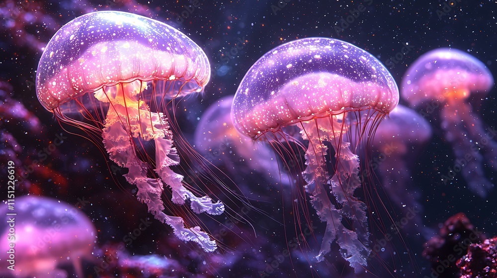 Translucent jellyfish floating gracefully, isolated on a rich purple background Translucent jellyfish floating gracefully, isolated on a rich purple background