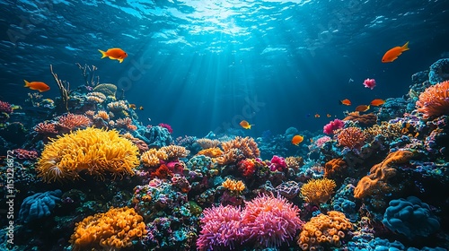 Fototapeta Naklejka Na Ścianę i Meble -  Vibrant coral reef setup with colorful fish, isolated on a deep blue gradient background