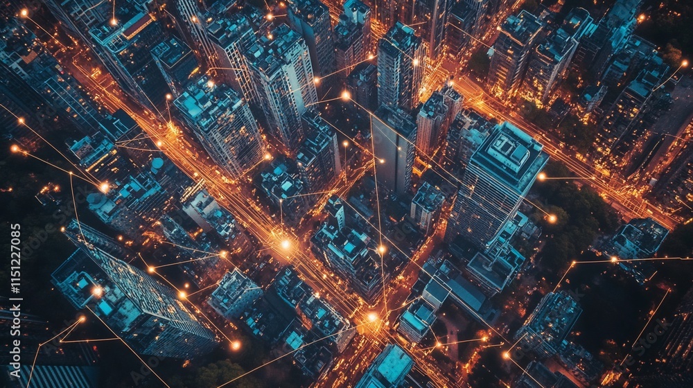 Aerial view of a city illuminated with digital connections and networks. Aerial view of a city illuminated with digital connections and networks.