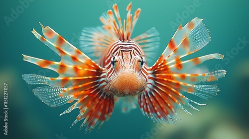 Vibrant lionfish with spiky fins fully extended, isolated on a bright green gradient background photo