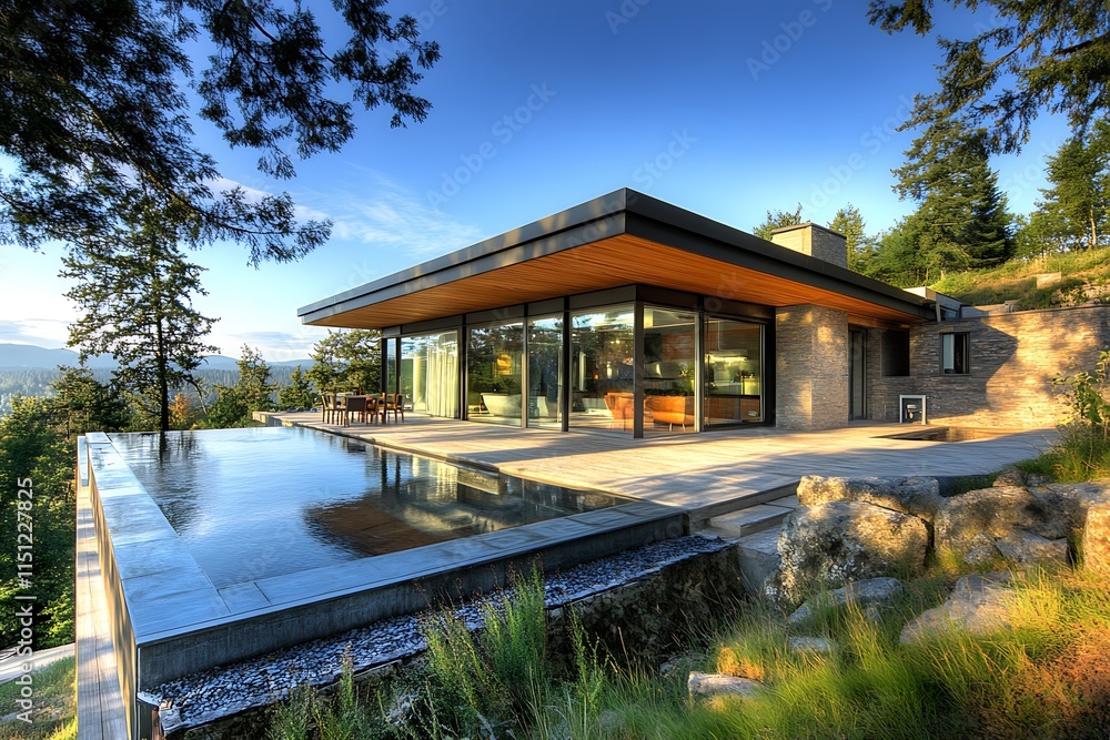 Modern House with Infinity Pool and Mountain View. Contemporary Architecture, Luxury Home Design. Modern House with Infinity Pool and Mountain View. Contemporary Architecture, Luxury Home Design.