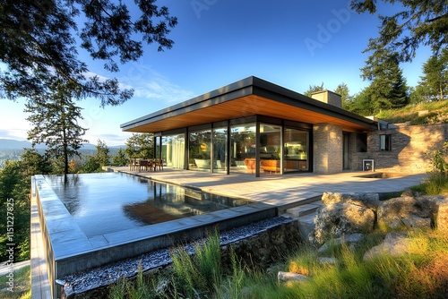 Modern House with Infinity Pool and Mountain View. Contemporary Architecture, Luxury Home Design.