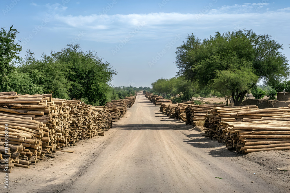 Indian village road with firewood stacks, dry landscape, and sunny rural countryside scene Indian village road with firewood stacks, dry landscape, and sunny rural countryside scene