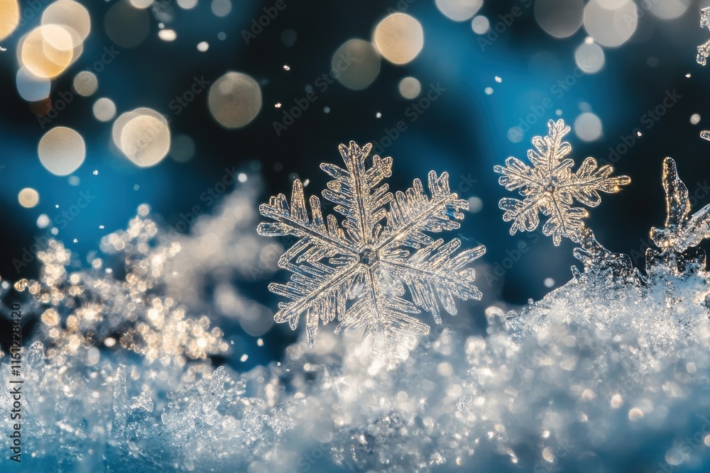 Close-up of intricate snowflakes on snow with bokeh lights. Close-up of intricate snowflakes on snow with bokeh lights.