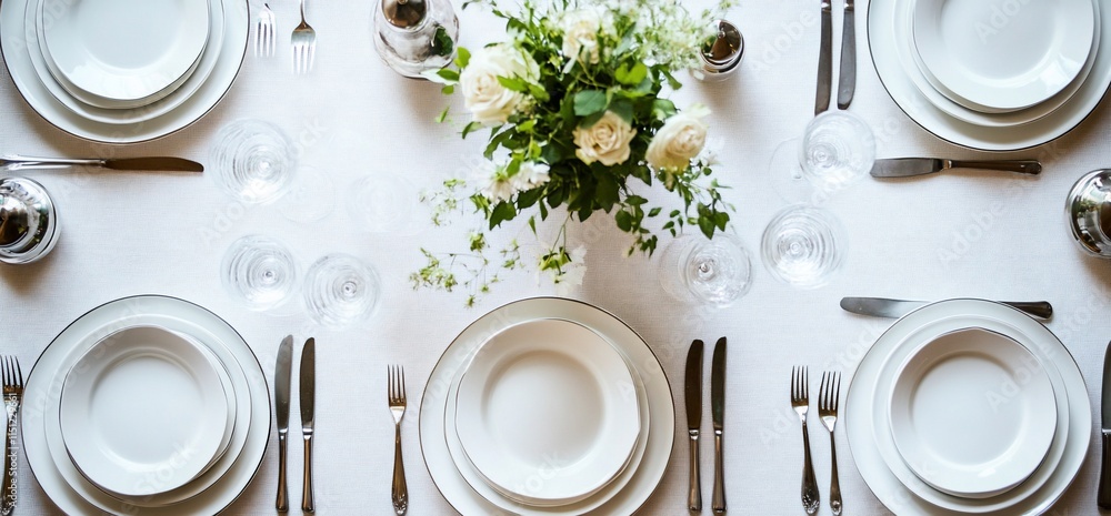 Elegant dining setup with plates, cutlery, and a floral centerpiece. Elegant dining setup with plates, cutlery, and a floral centerpiece.