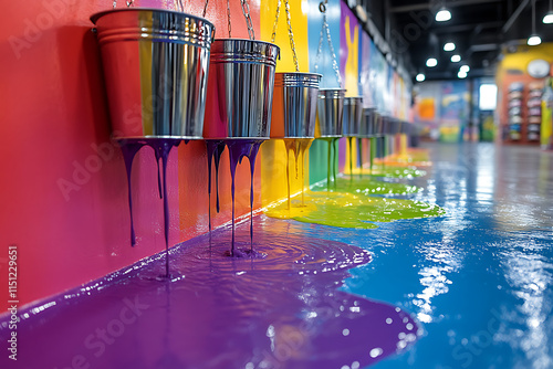 Art installation featuring colorful buckets and a rainbow floor in a gallery setting. photo