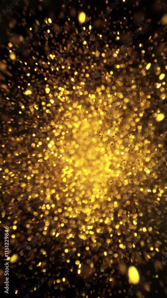 Super Slow Motion of Glittering Golden Particles Isolated on Black Background. Shallow Depth of Focus. Filmed on High Speed Cinema Camera, 1000 fps. Vertical Aspect Ratio. Super Slow Motion of Glittering Golden Particles Isolated on Black Background. Shallow Depth of Focus. Filmed on High Speed Cinema Camera, 1000 fps. Vertical Aspect Ratio.