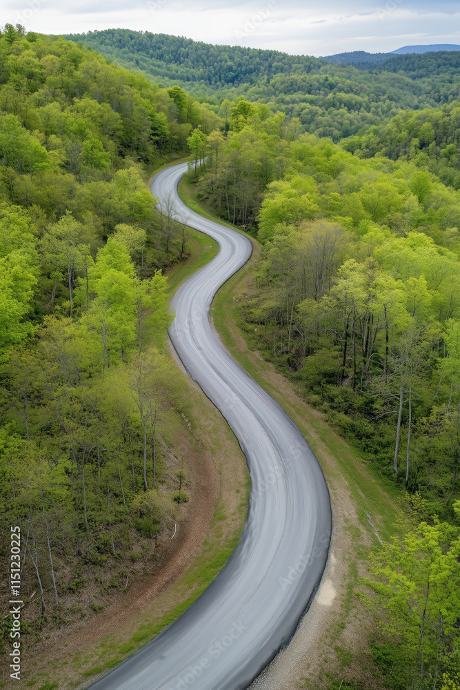 Shot from a drone, a winding spring road through the forest Shot from a drone, a winding spring road through the forest