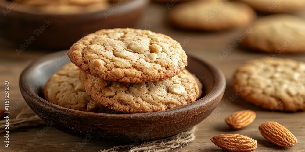 Almond cookies displayed on a wooden table background, showcasing delicious cookie almond treats that entice with their rich flavors and inviting appearance. Perfect for dessert lovers. Almond cookies displayed on a wooden table background, showcasing delicious cookie almond treats that entice with their rich flavors and inviting appearance. Perfect for dessert lovers.