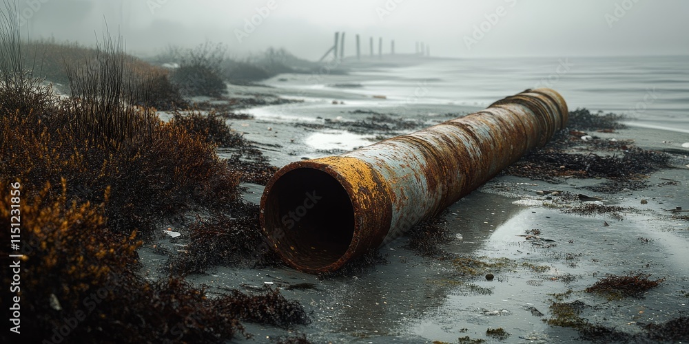 An abandoned metal pipe rests on the shore, accompanied by dried algae, creating a gloomy landscape that highlights the contrast between nature and discarded objects like the pipe. An abandoned metal pipe rests on the shore, accompanied by dried algae, creating a gloomy landscape that highlights the contrast between nature and discarded objects like the pipe.