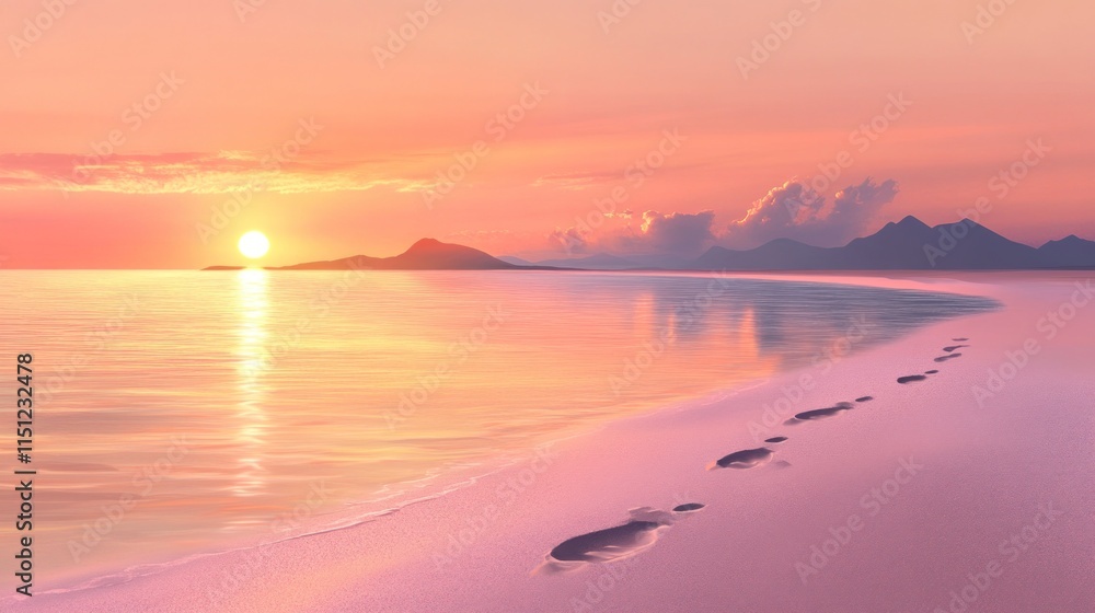 Fototapeta premium Serene sunset over tranquil ocean beach; footprints in sand.