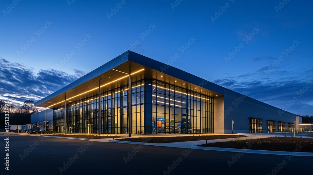 Modern commercial building with large glass facade, illuminated at dusk. Modern commercial building with large glass facade, illuminated at dusk.