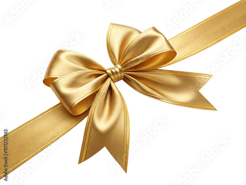 A beautifully crafted golden bow sits prominently on a smooth ribbon, ideal for enhancing gifts for birthdays, weddings, and holidays, creating an elegant presentation . photo