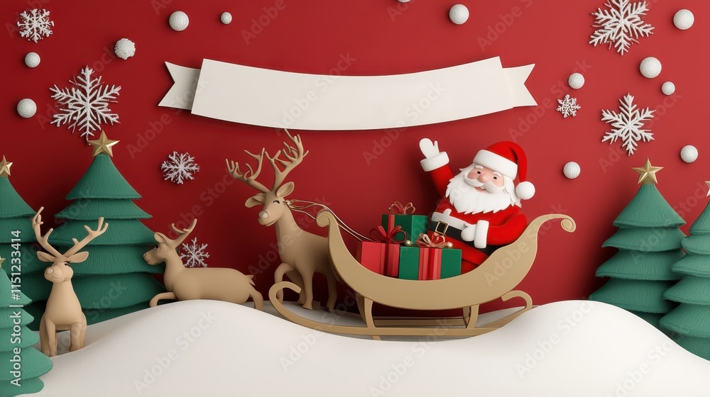 Fototapeta premium Santa's Festive Sleigh Ride: A charming 3D illustration of Santa Claus in his sleigh, pulled by reindeer, against a rich red backdrop with snowflakes and Christmas trees.